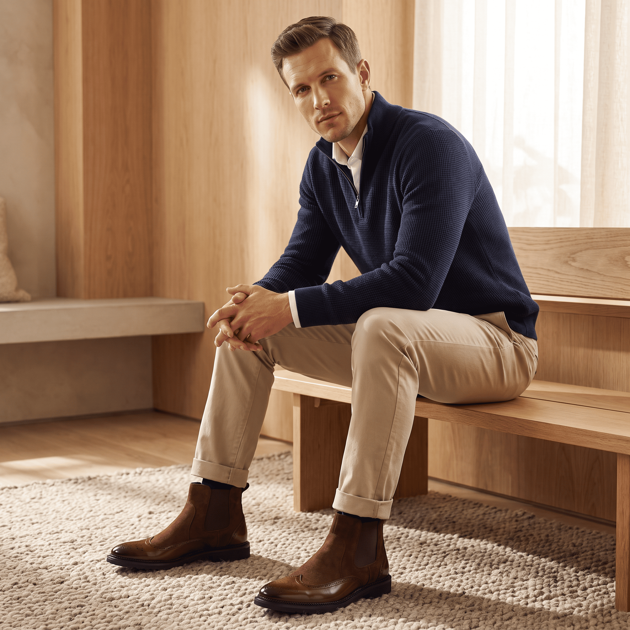 Man wearing brown leather Chelsea boots while seated indoors, paired with beige trousers.