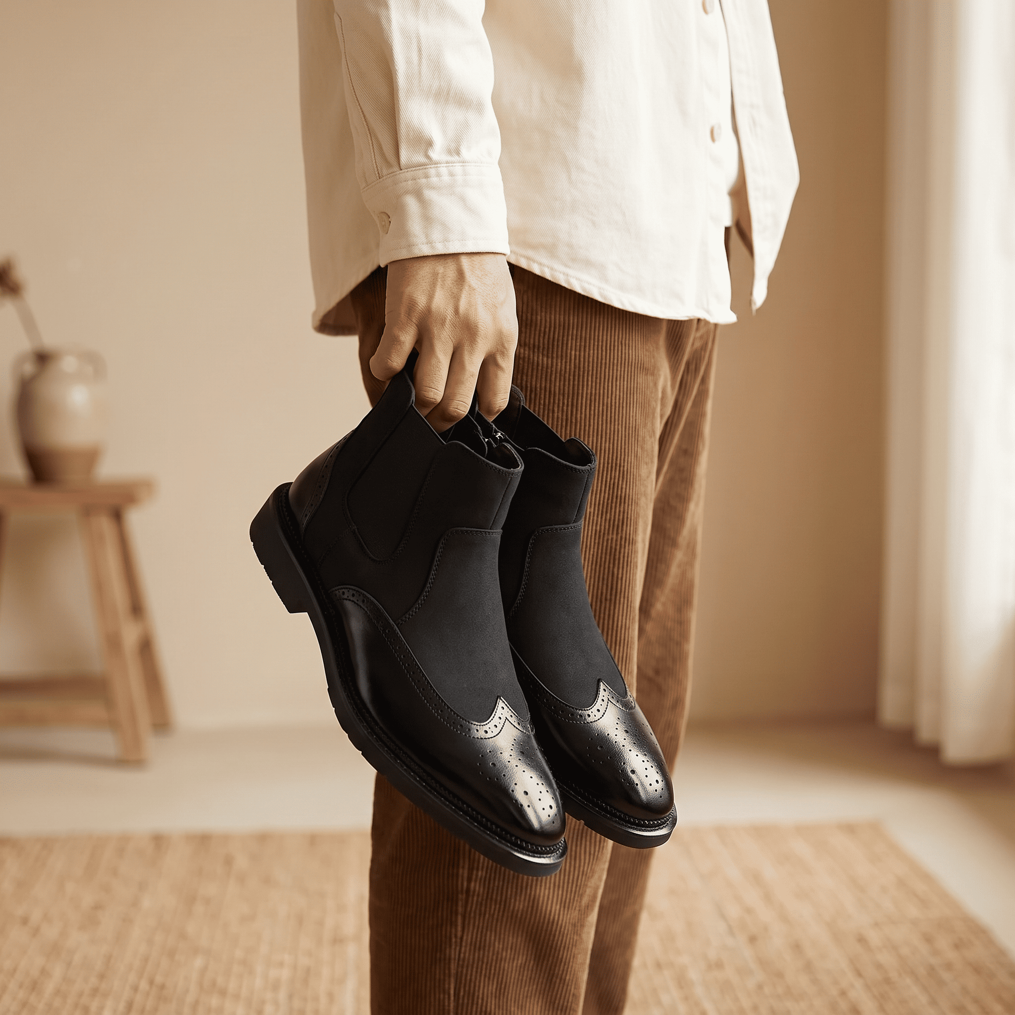 Person holding a pair of black Chelsea boots indoors, highlighting the side panels and pull tabs.