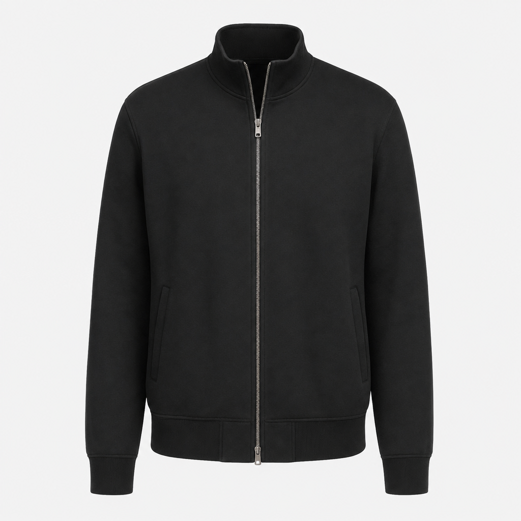 Black zip-up jacket with a stand collar, full front zipper, and side pockets.
