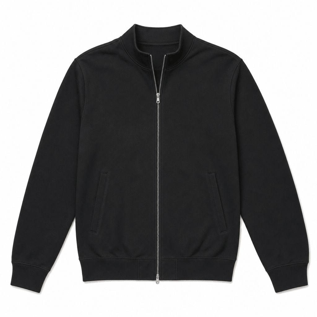 Flat front view of the black zip-up jacket with a stand collar and full zipper.