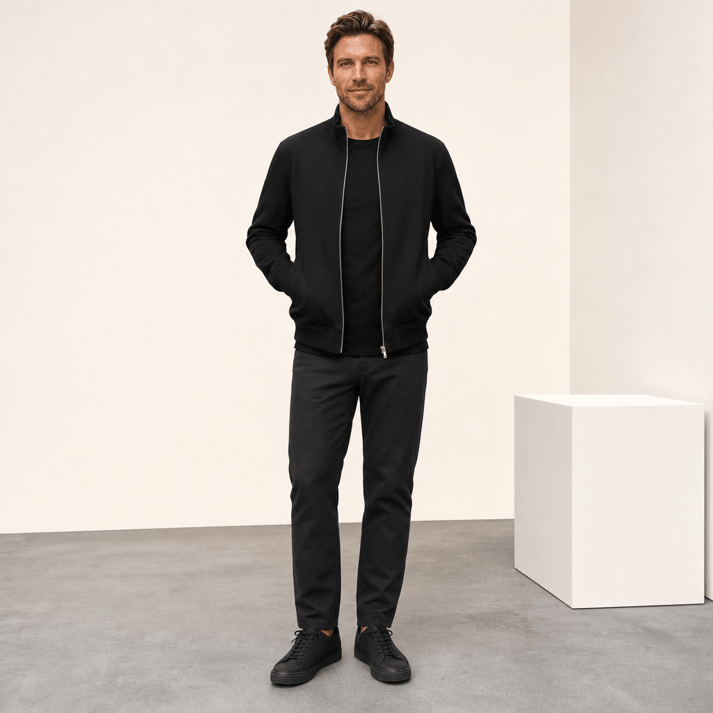 Male model wearing the black zip-up jacket with dark pants.