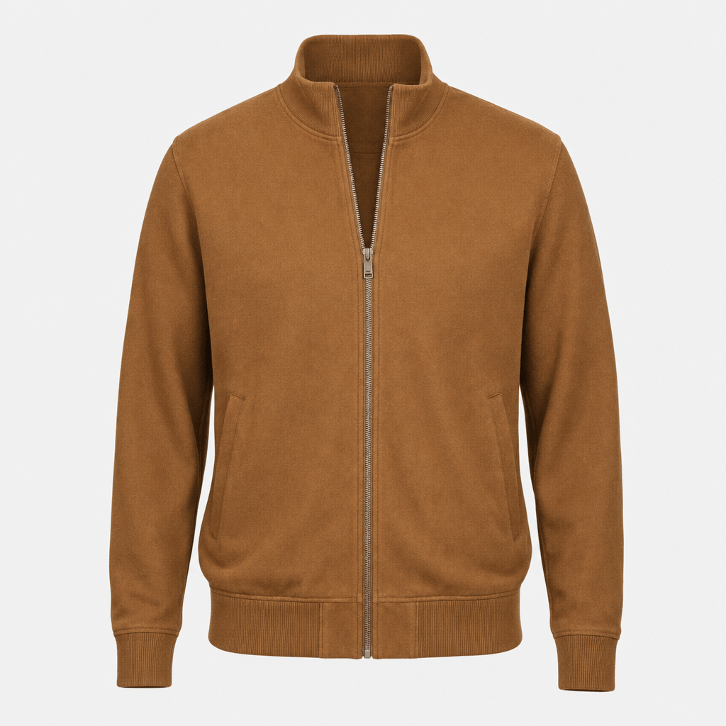 Camel brown zip-up jacket with a stand collar, full front zipper, and side pockets.