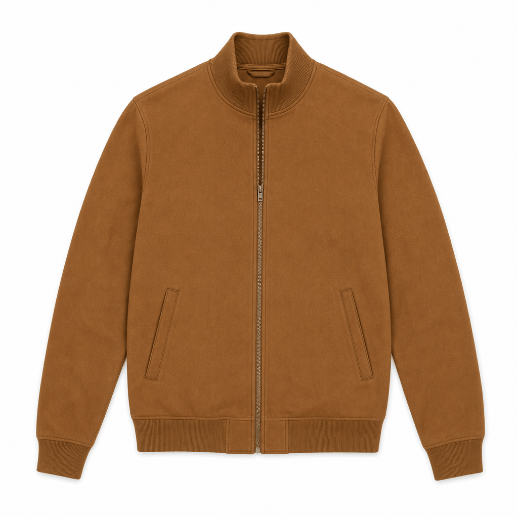 Flat front view of the camel brown zip-up jacket with a stand collar and full zipper.