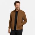 Male model wearing a camel brown zip-up jacket with a stand collar and side pockets.