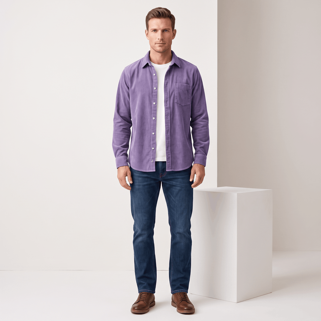 Purple fine wale corduroy button-up shirt in a regular fit, worn open over a white tee with dark denim jeans.