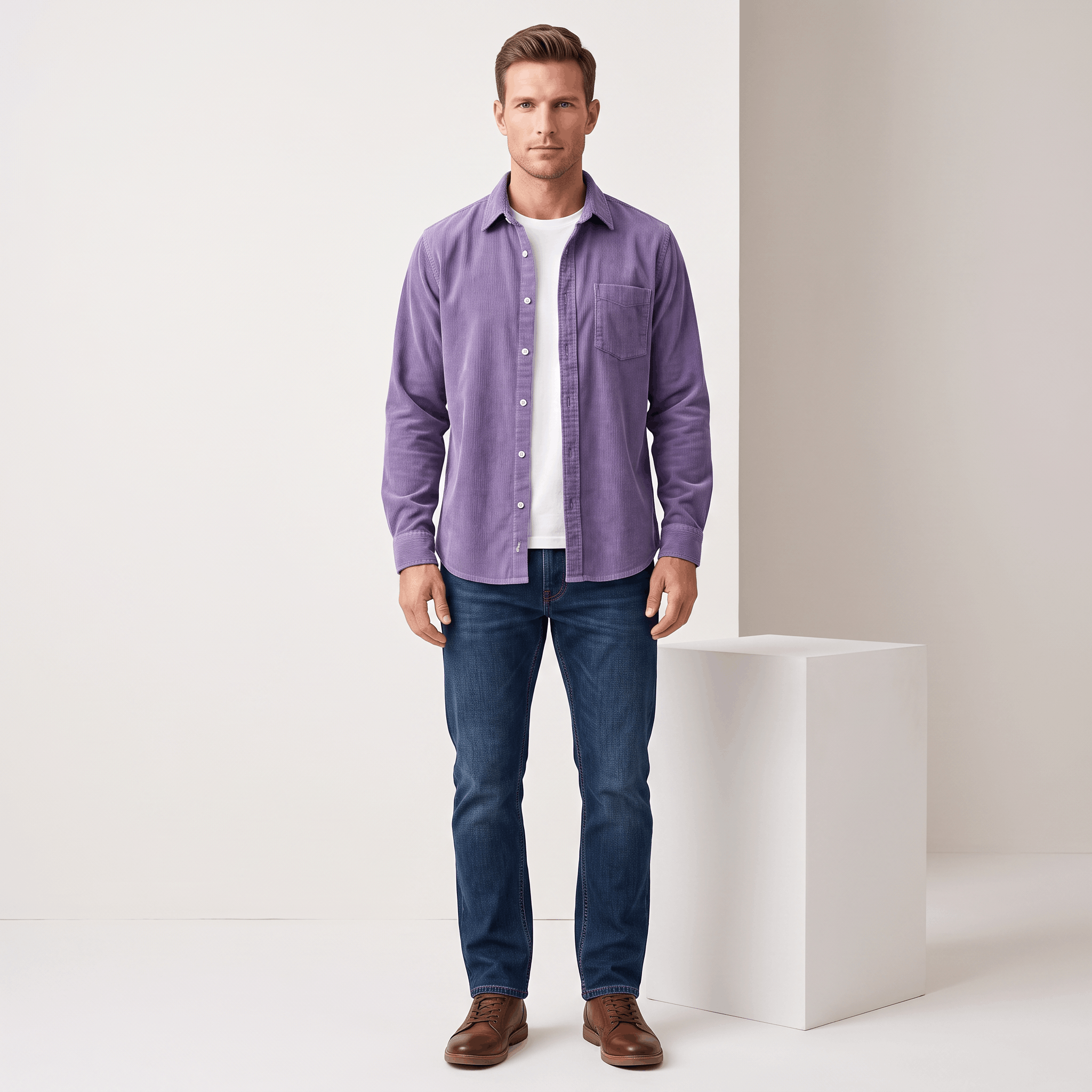 Purple fine wale corduroy button-up shirt in a regular fit, worn open over a white tee with dark denim jeans.