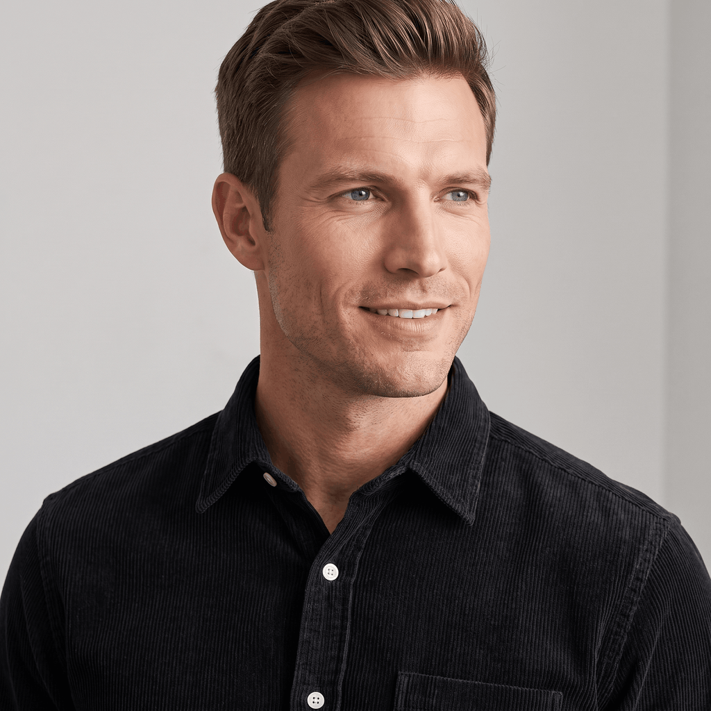 Washed blue fine wale corduroy button-up shirt featuring a regular fit, pointed collar, and light-colored buttons.