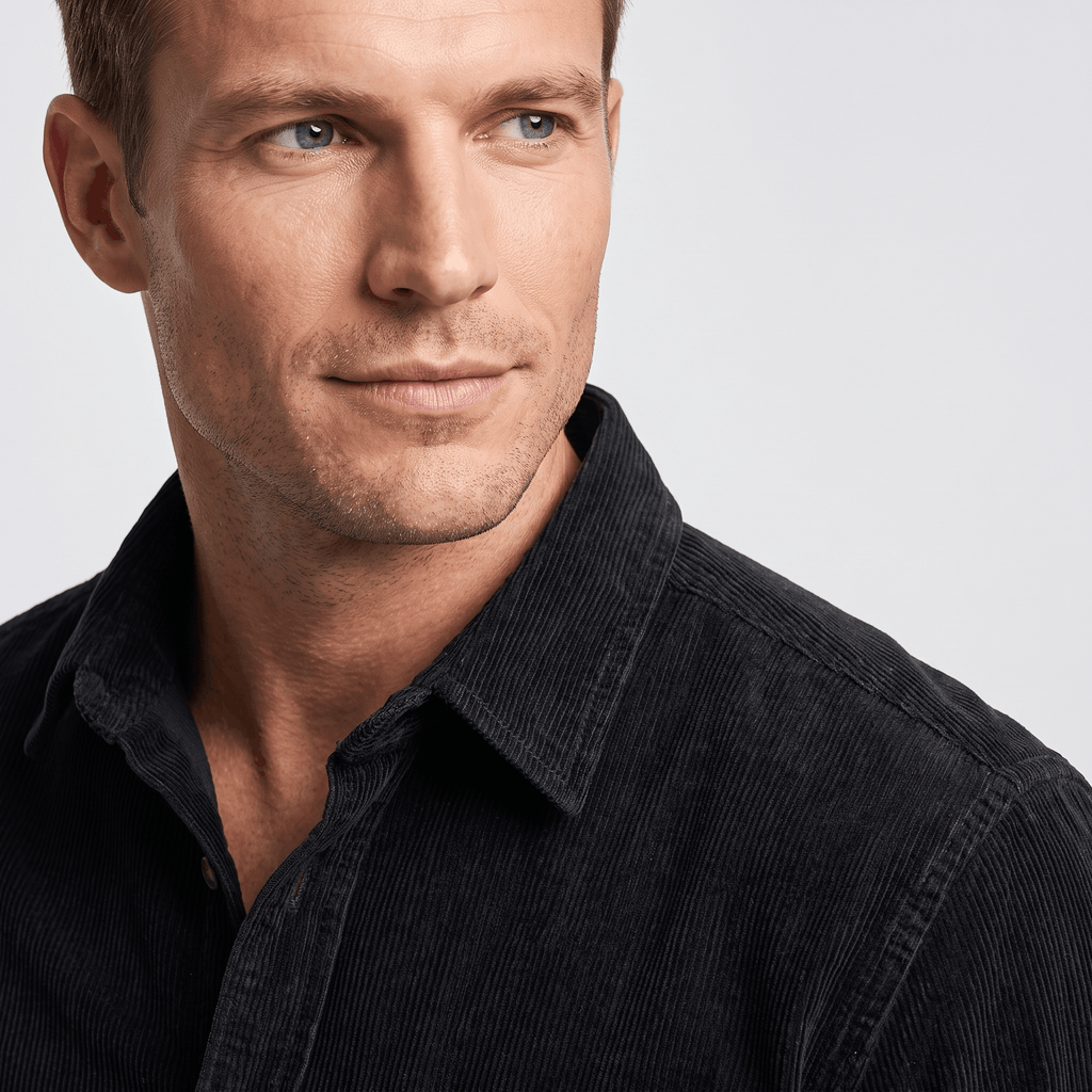 Washed blue fine wale corduroy button-up shirt with a classic collar and regular fit, shown on a model.