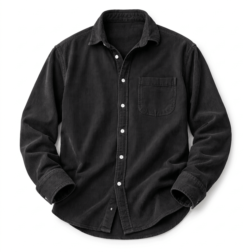 Washed black fine wale corduroy button-up shirt with a regular fit, chest pocket, and curved shirttail hem.