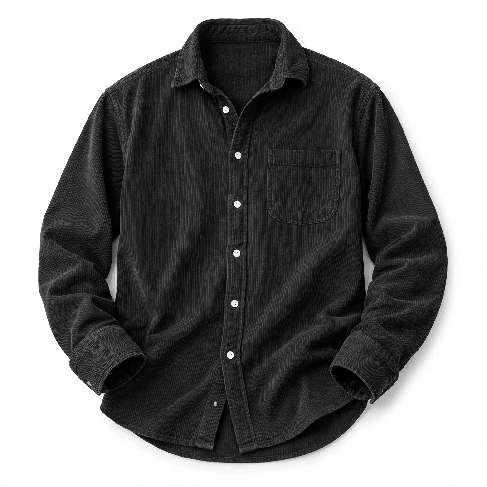 Washed black fine wale corduroy button-up shirt with a regular fit, chest pocket, and curved shirttail hem.
