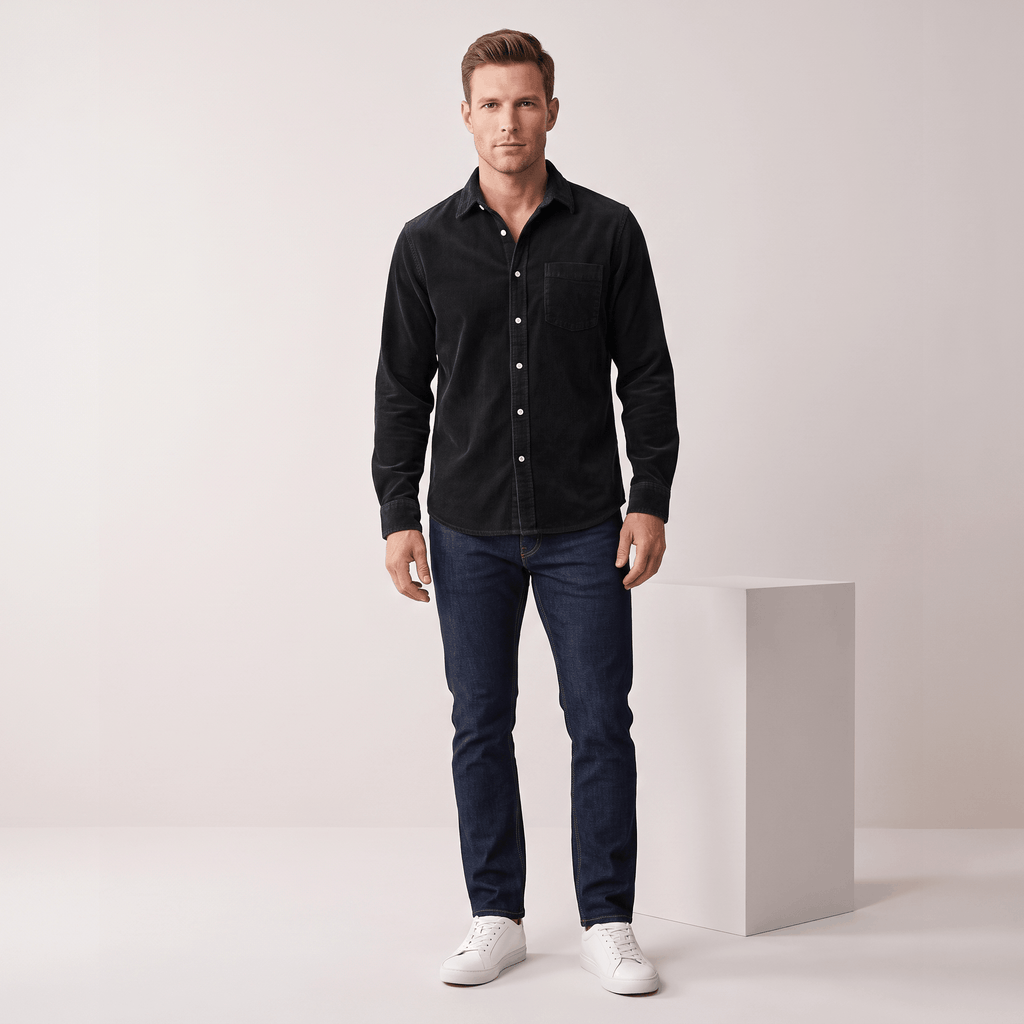 Washed blue fine wale corduroy button-up shirt in a regular fit, styled with dark denim jeans and white sneakers.