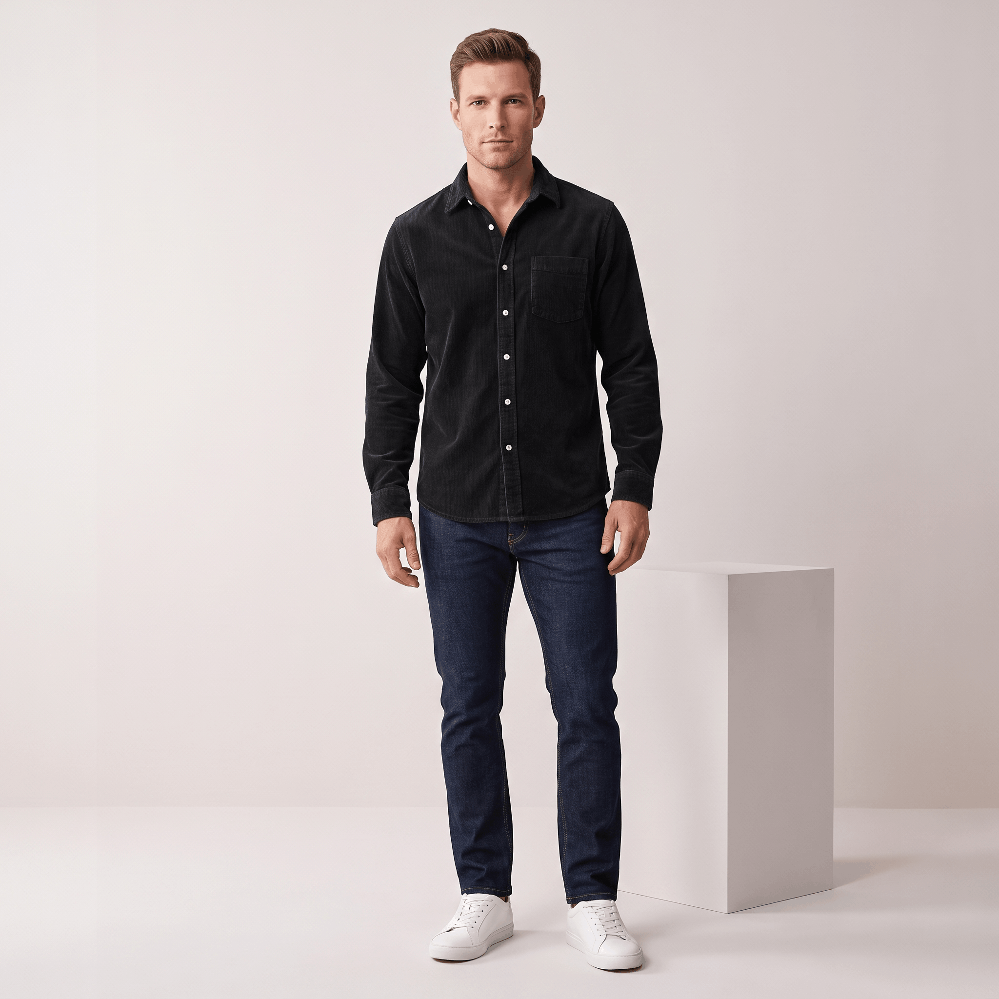 Washed blue fine wale corduroy button-up shirt in a regular fit, styled with dark denim jeans and white sneakers.