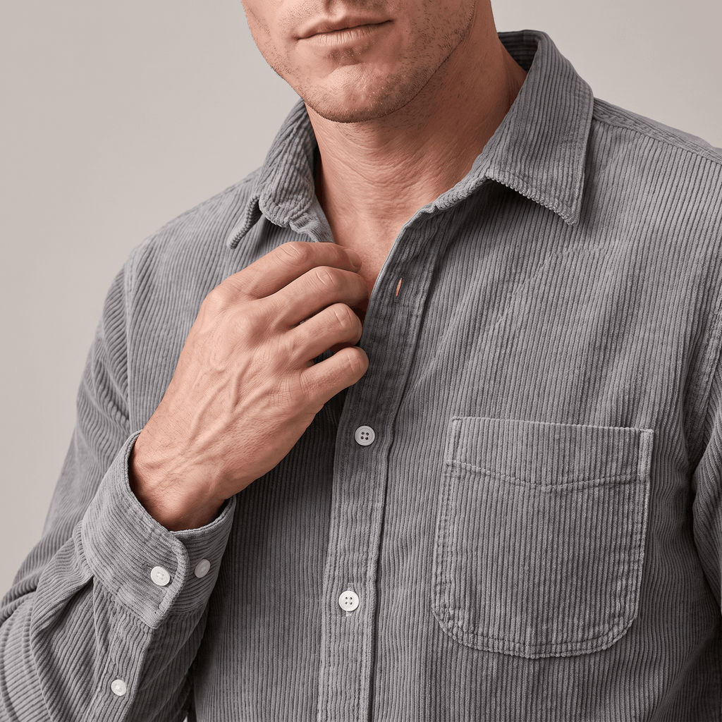 Washed blue fine wale corduroy button-up shirt with a regular fit, chest pocket, and classic collar.