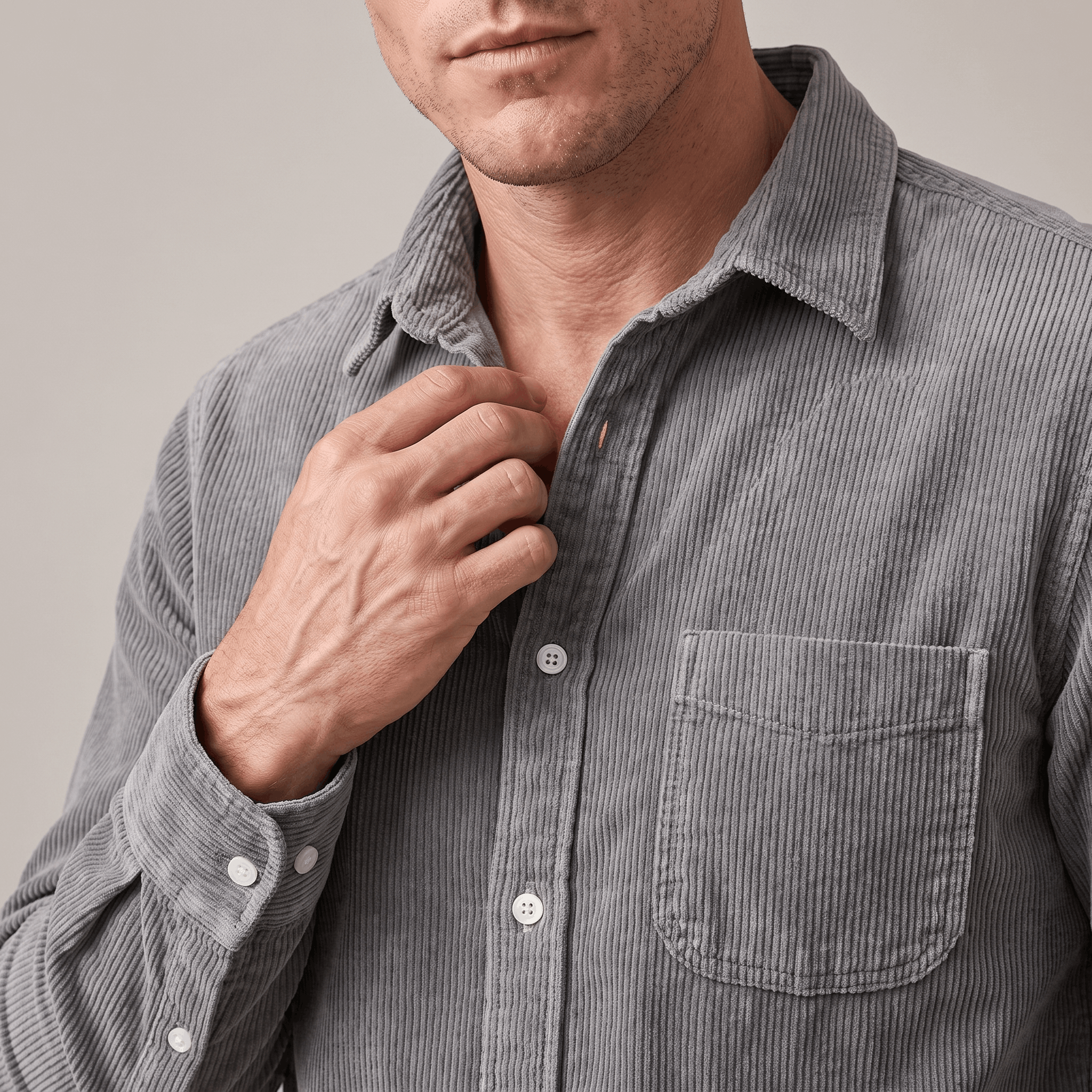 Washed blue fine wale corduroy button-up shirt with a regular fit, chest pocket, and classic collar.