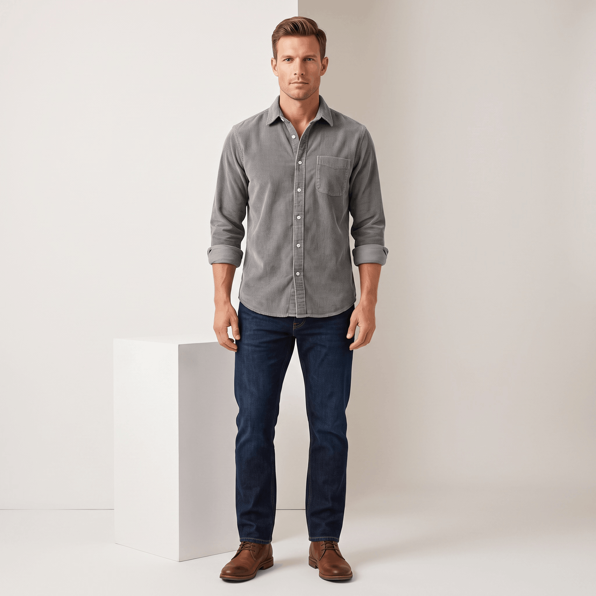 Washed blue fine wale corduroy button-up shirt in a regular fit with long sleeves and a curved hem, worn with dark jeans.