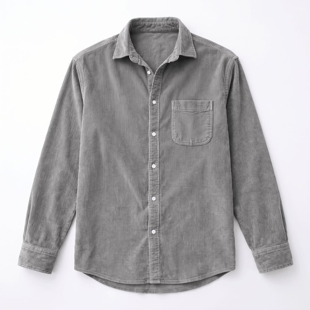 Washed blue fine wale corduroy button-up shirt with a regular fit, chest pocket, and curved shirttail hem.