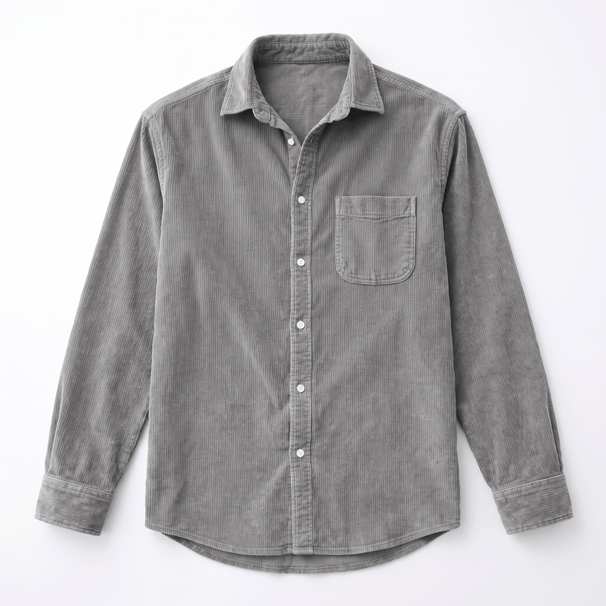 Washed blue fine wale corduroy button-up shirt with a regular fit, chest pocket, and curved shirttail hem.