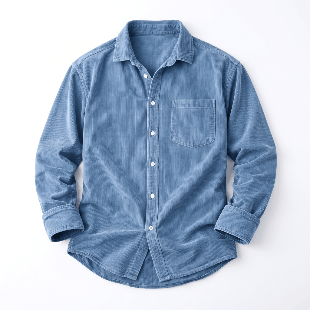 Washed blue fine wale corduroy button-up shirt with a regular fit, chest pocket, and curved shirttail hem.