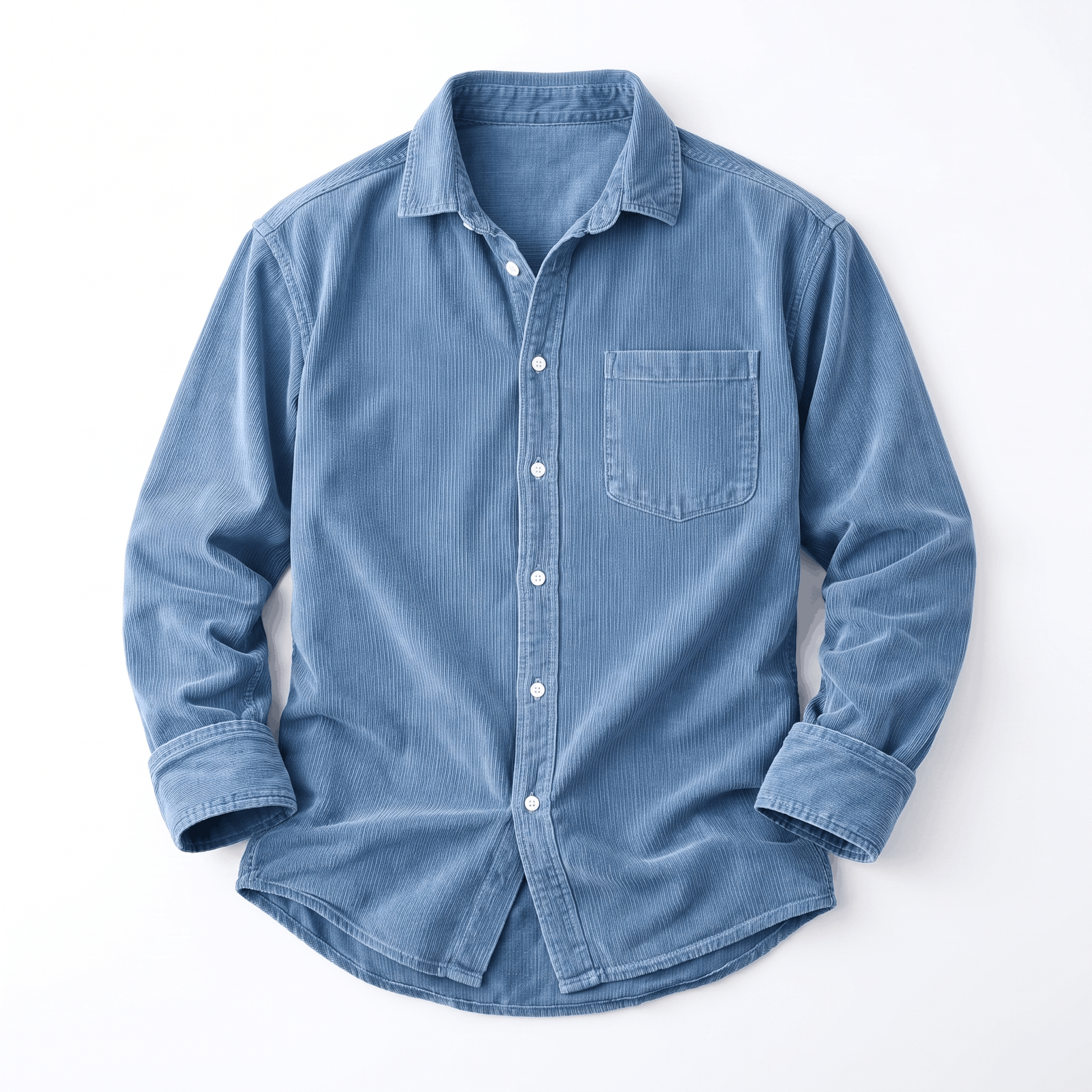 Washed blue fine wale corduroy button-up shirt with a regular fit, chest pocket, and curved shirttail hem.