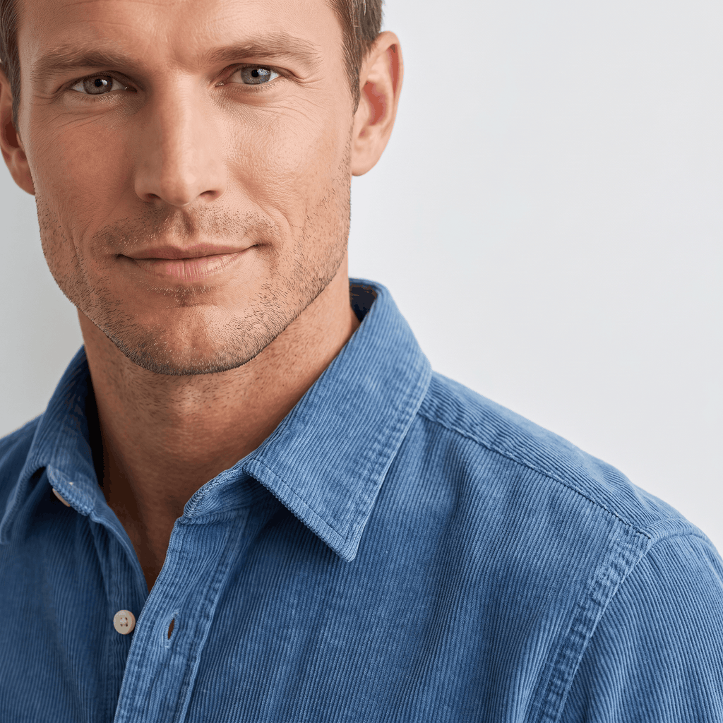 Washed blue fine wale corduroy button-up shirt with a classic collar and regular fit, shown in a close-up portrait.