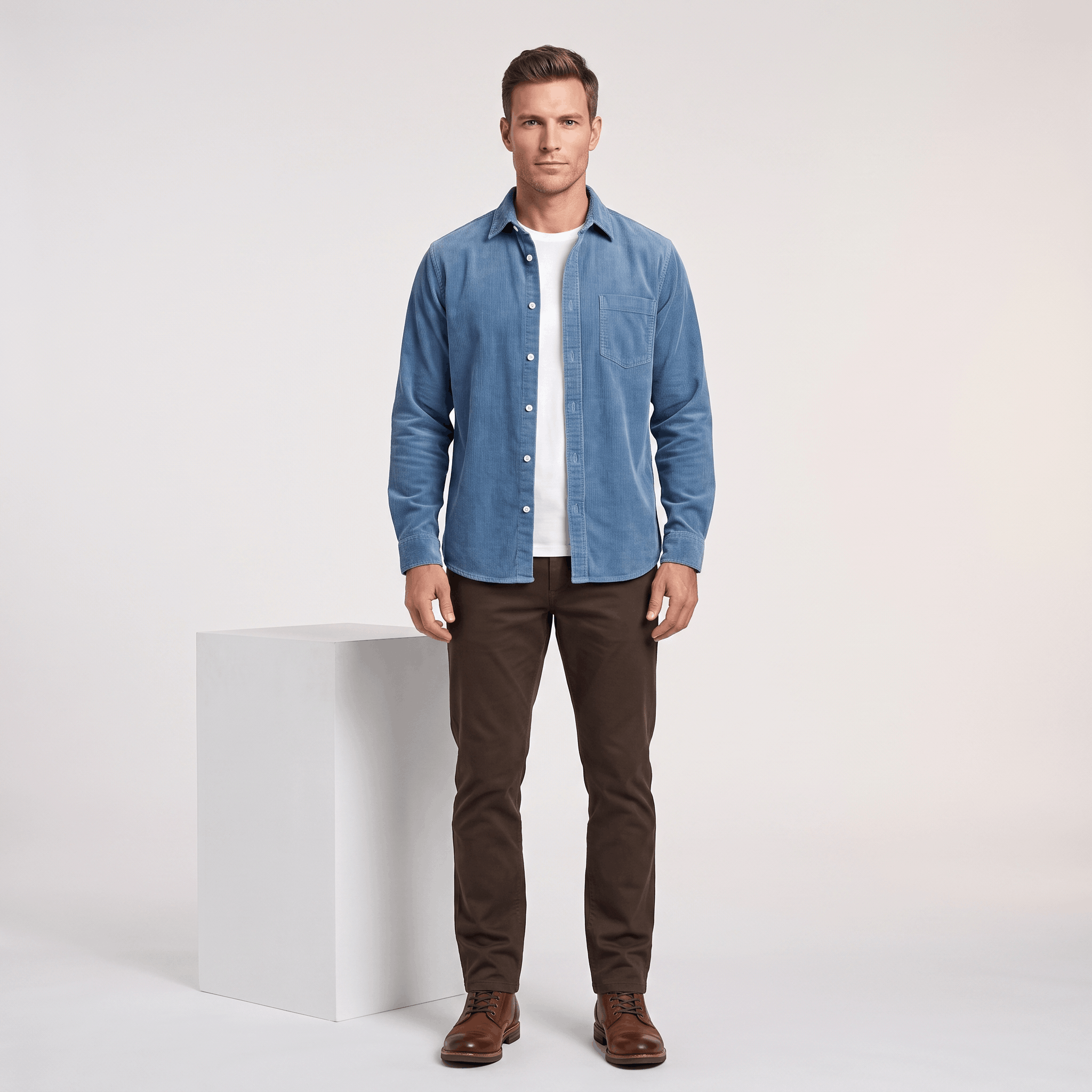 Washed blue fine wale corduroy shirt worn open over a white tee with brown chinos and leather boots.