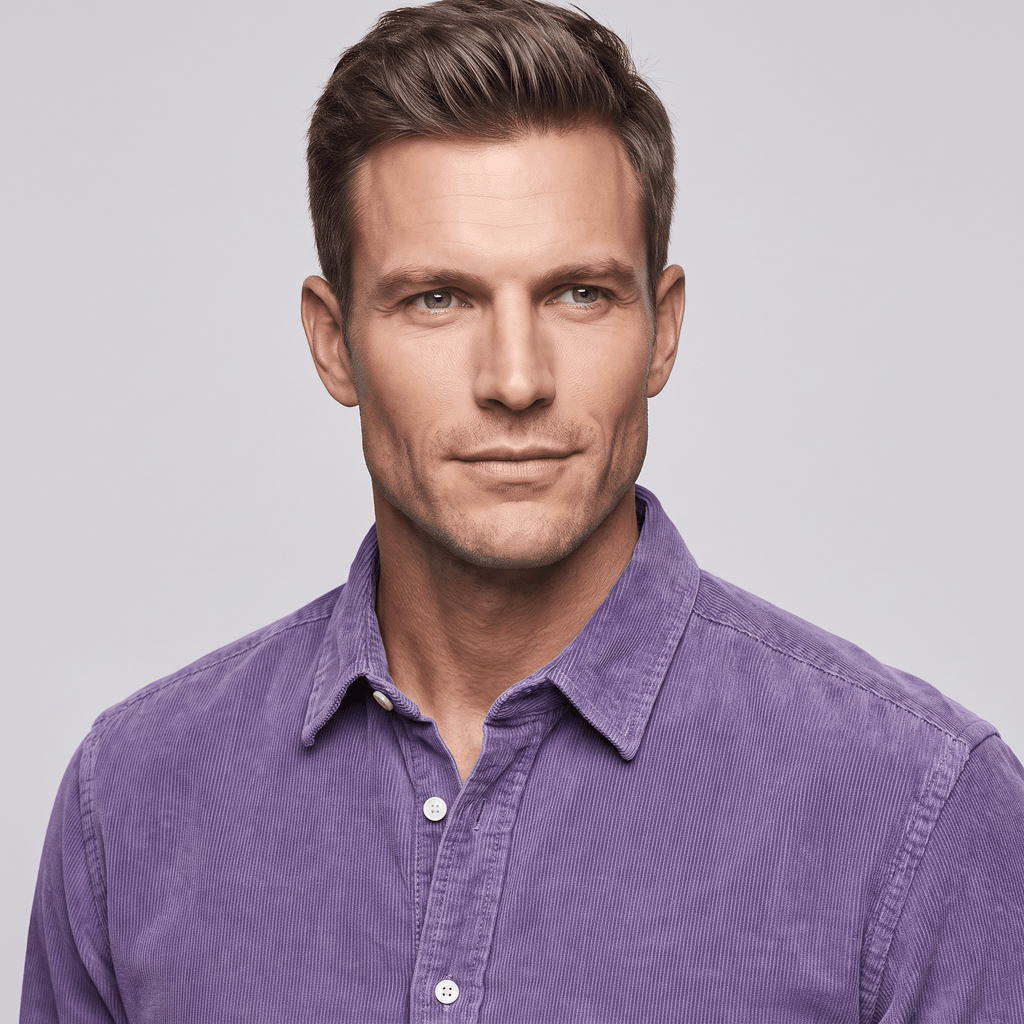 Washed blue fine wale corduroy button-up shirt with a classic collar and regular fit on a man.