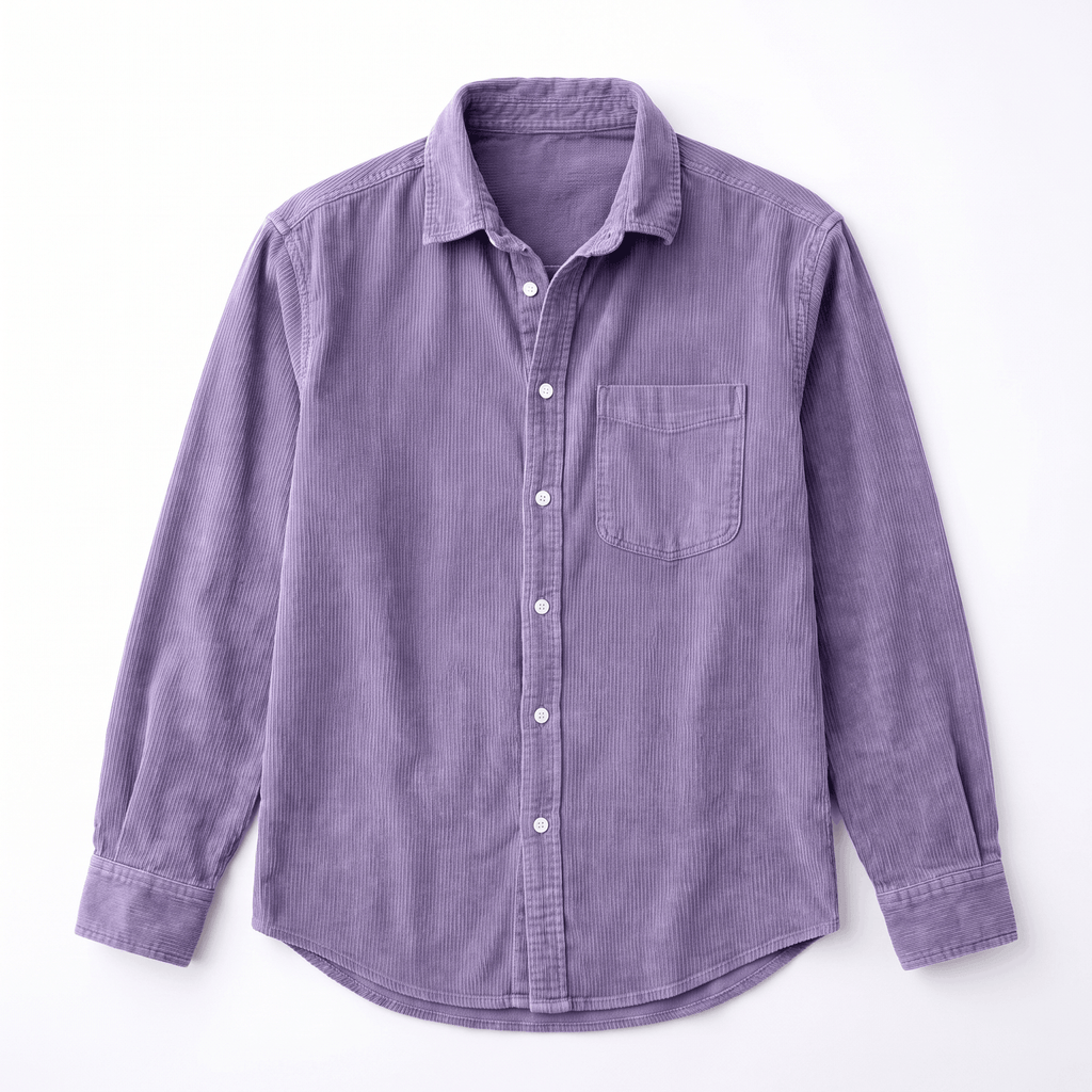 Washed blue fine wale corduroy button-up shirt with a regular fit, chest pocket, and curved shirttail hem.