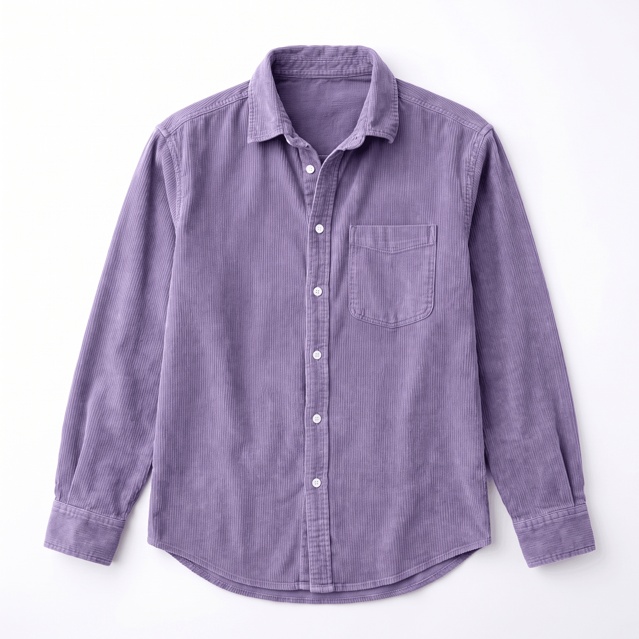 Washed blue fine wale corduroy button-up shirt with a regular fit, chest pocket, and curved shirttail hem.