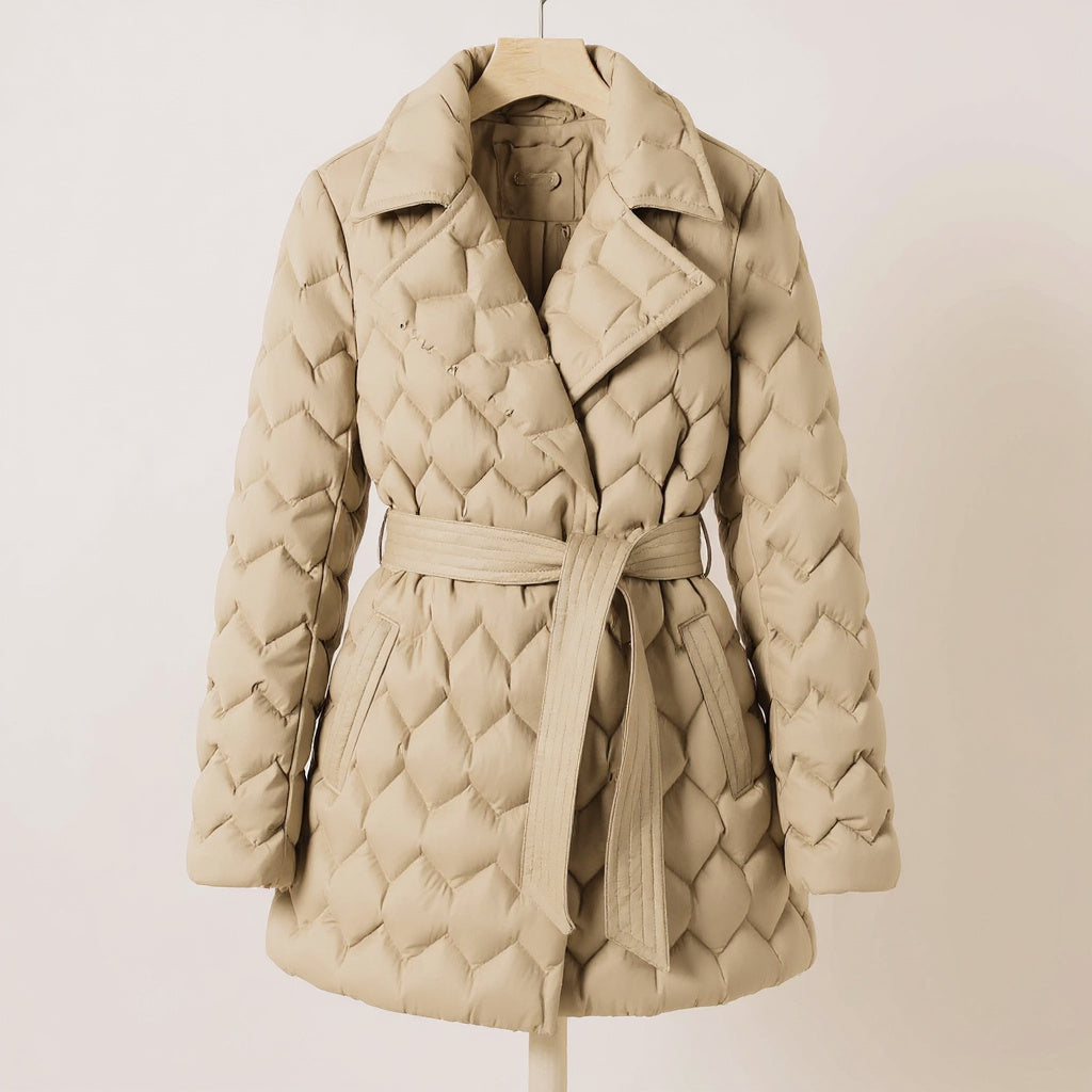 Freya Women's Water-Resistant Quilted Coat with Belt – Diamond Stitch Wrap Design