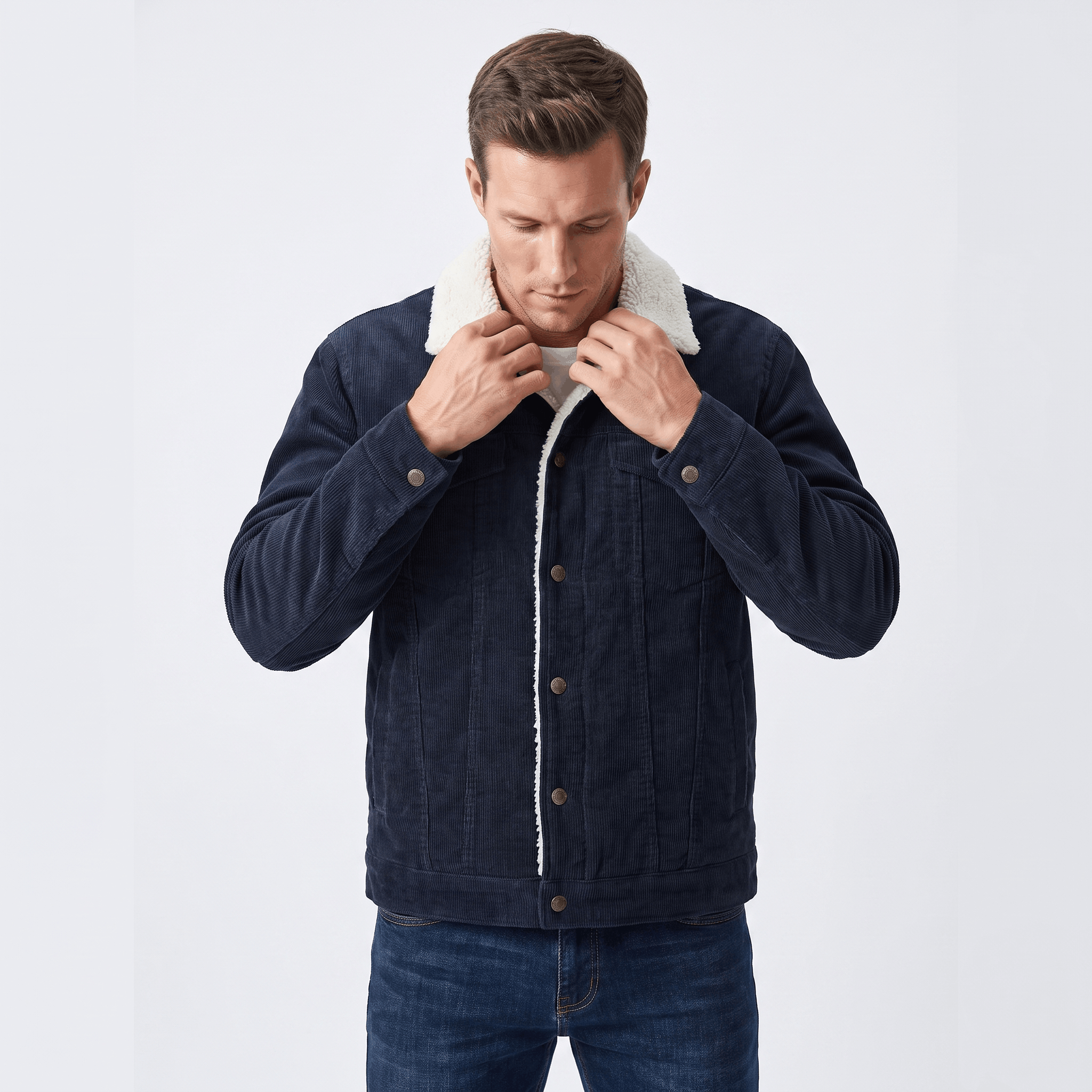 Navy blue corduroy jacket with a white sherpa-lined collar and interior, featuring a button-front closure.