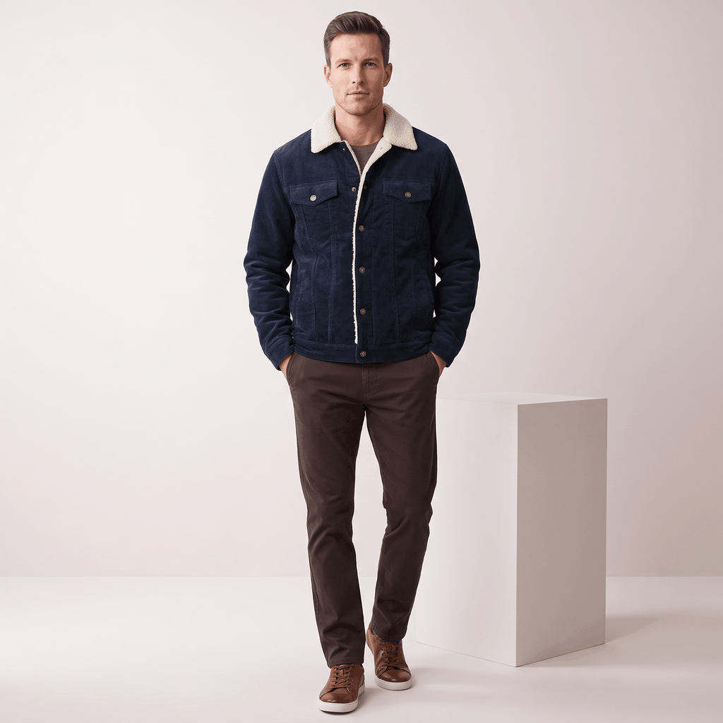 Navy blue corduroy jacket with a cream sherpa-lined collar and interior, featuring a button-front and four-pocket design.