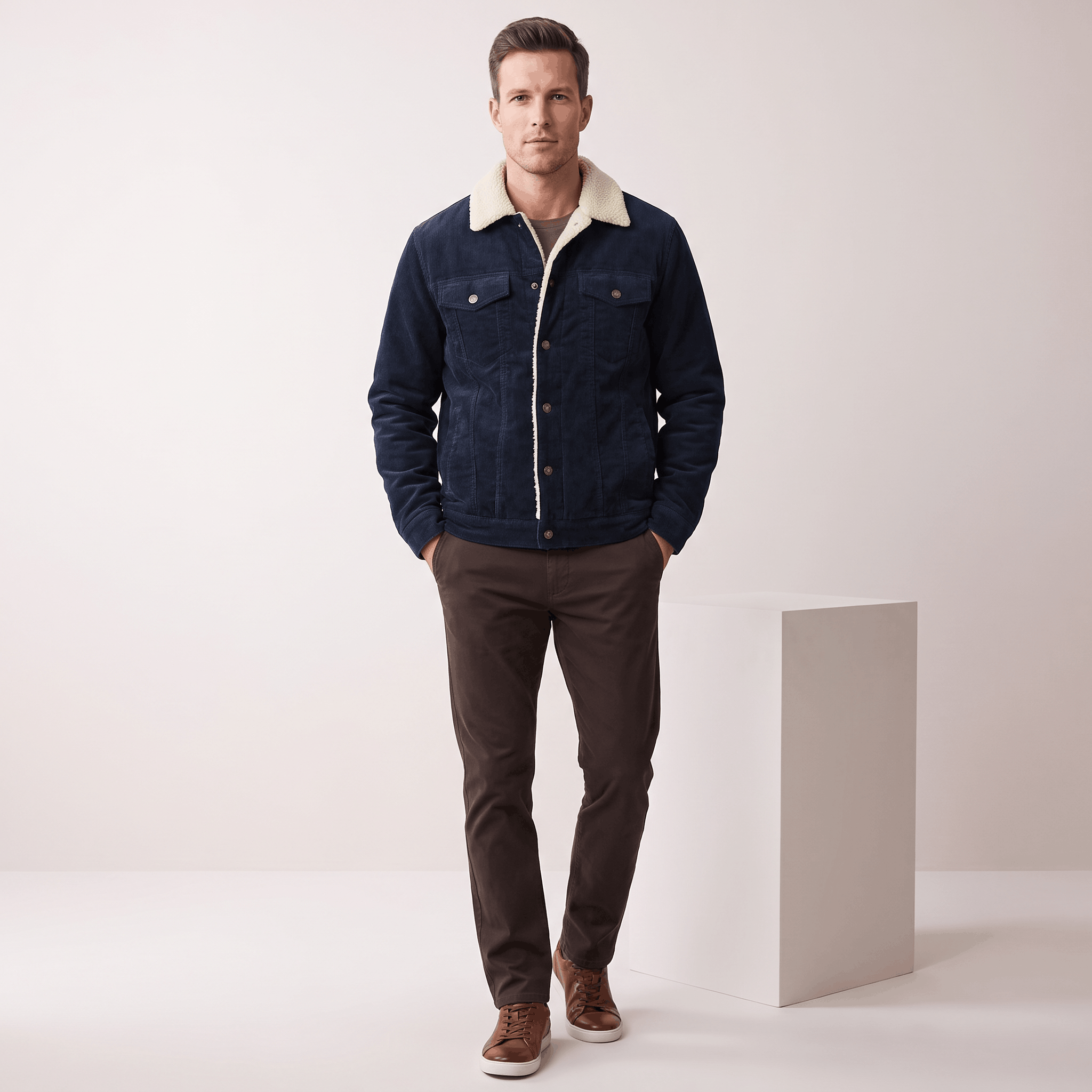Navy blue corduroy jacket with a cream sherpa-lined collar and interior, featuring a button-front and four-pocket design.