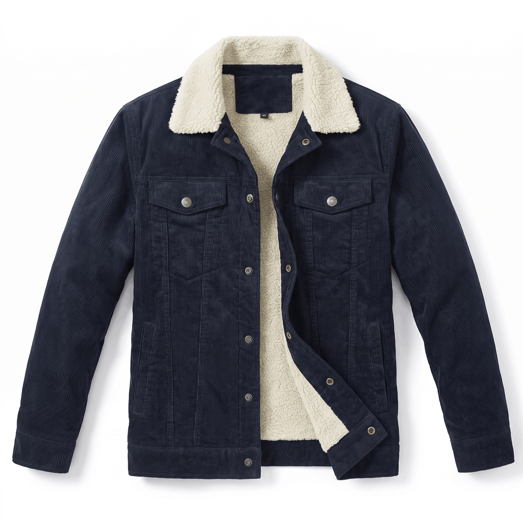 Navy blue corduroy jacket with a cream sherpa lining, button-front closure, and fold-up wind collar on a white background.