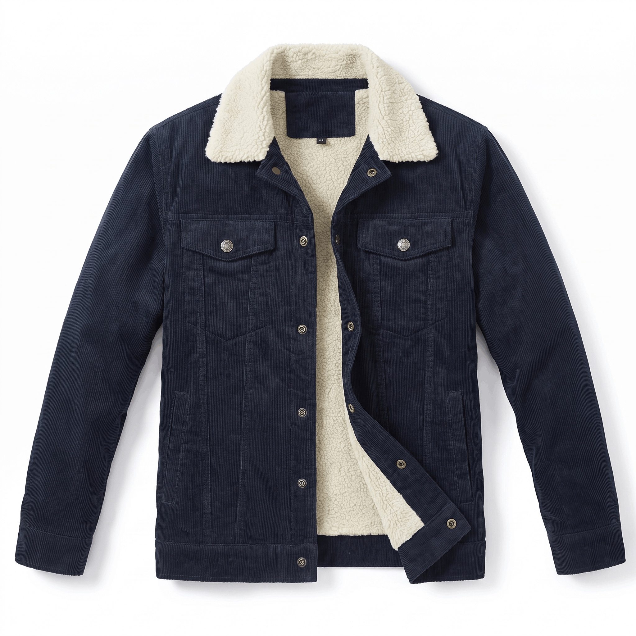 Navy blue corduroy jacket with a cream sherpa lining, button-front closure, and fold-up wind collar on a white background.