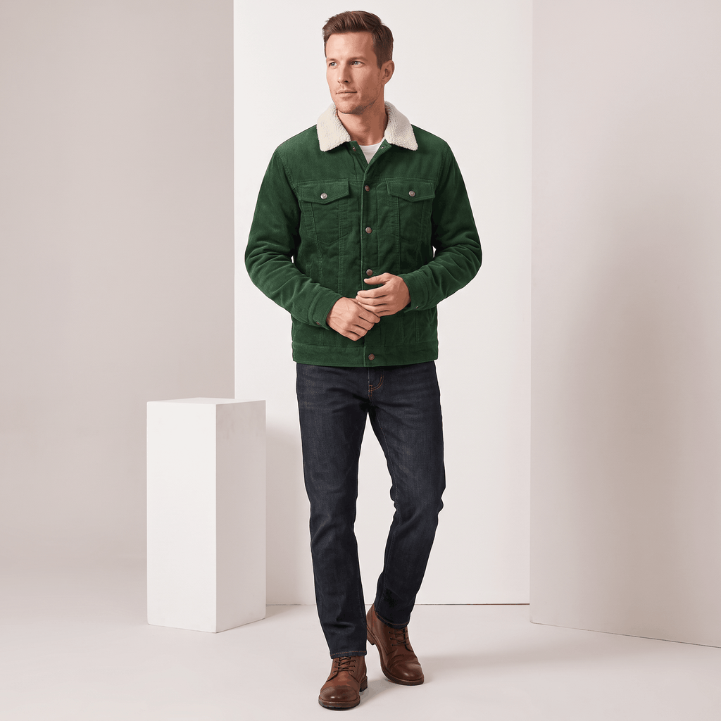 Forest green corduroy jacket with a white sherpa collar, button-front closure, and chest pockets worn with dark jeans.