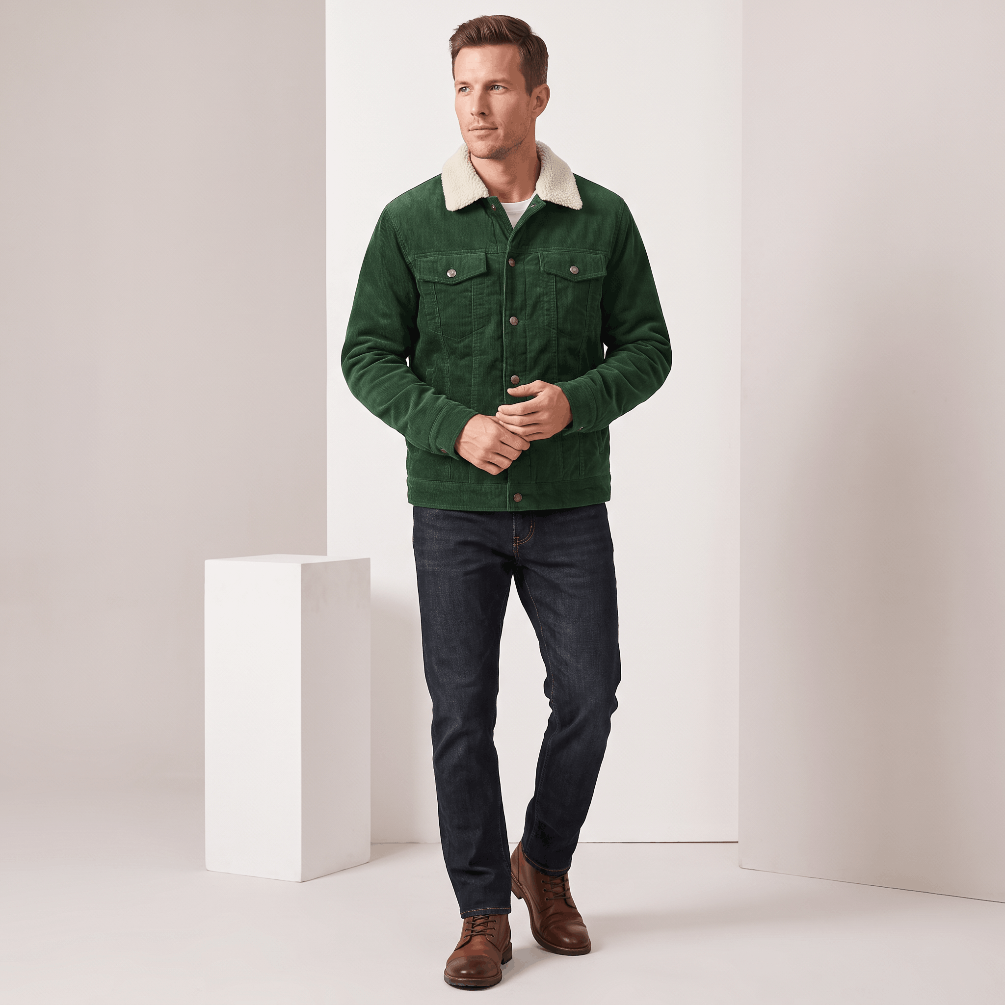 Forest green corduroy jacket with a white sherpa collar, button-front closure, and chest pockets worn with dark jeans.