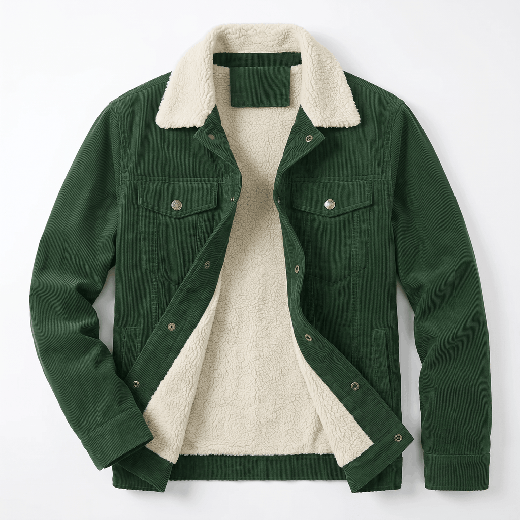 Dark green corduroy jacket with a cream sherpa lining, fold-up collar, and button-front closure on a white background.