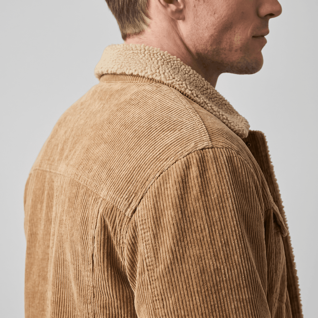 Tan corduroy jacket featuring a textured sherpa-lined collar and interior, shown in a close-up profile view.