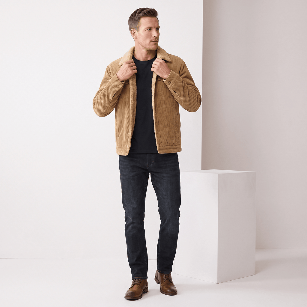 Tan corduroy jacket with a sherpa-lined collar and button-front, worn over a black t-shirt and dark denim jeans.