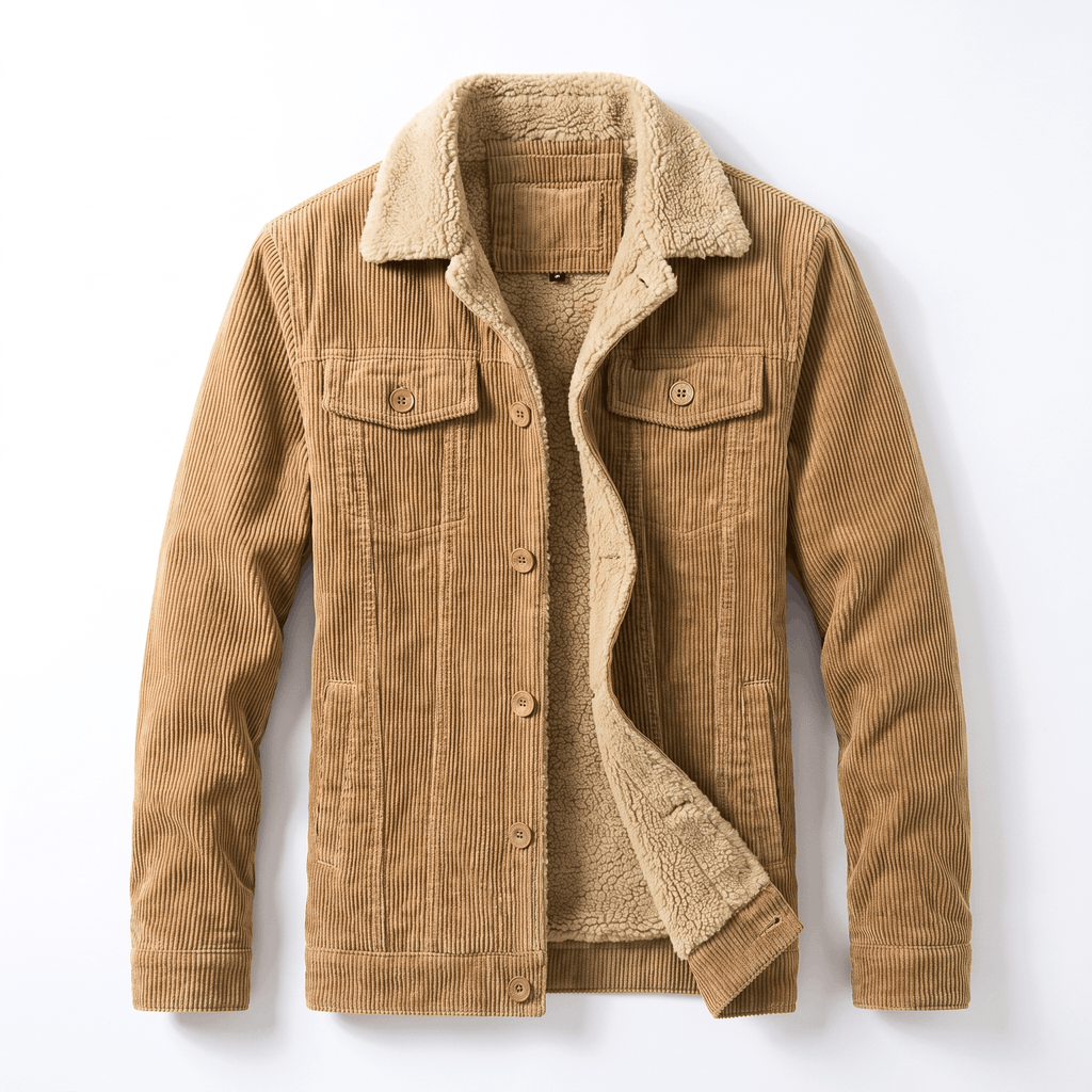 Tan corduroy jacket with a plush sherpa-lined interior, featuring a button-front closure, fold-up collar, and four pockets.