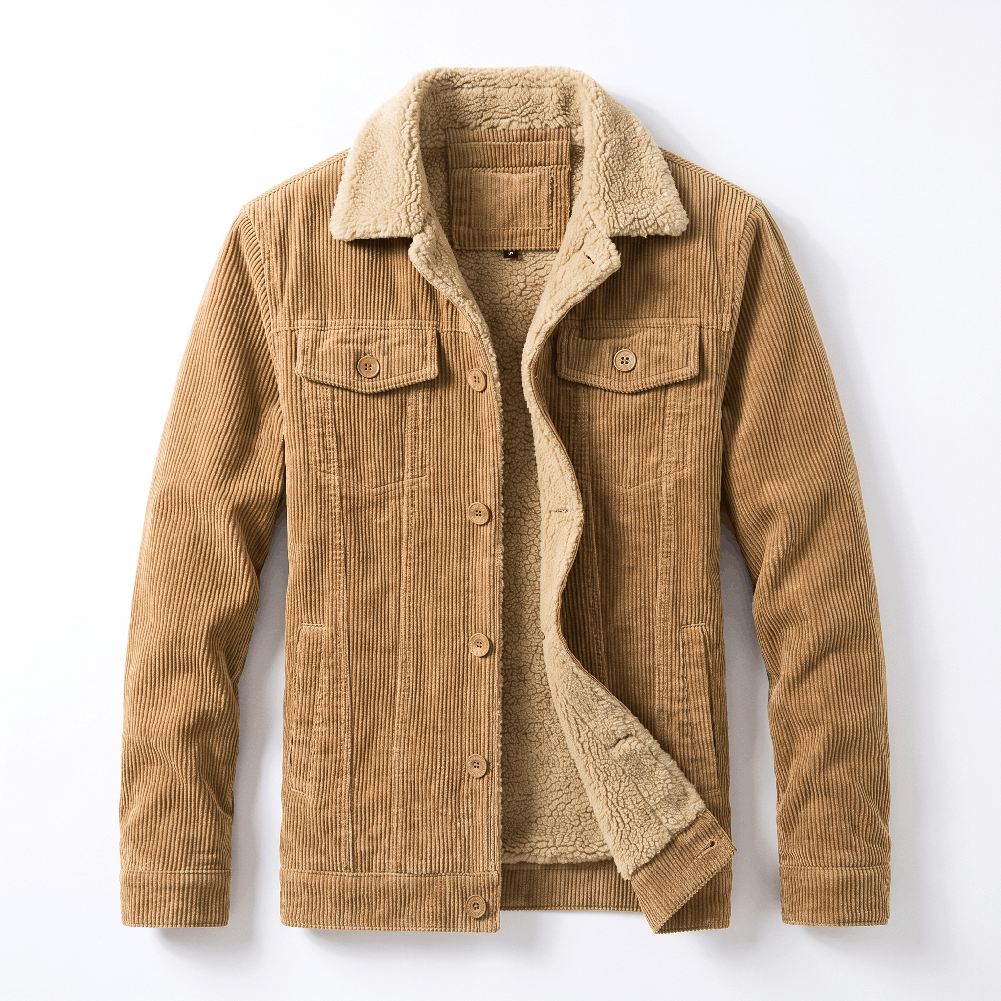 Tan corduroy jacket with a plush sherpa-lined interior, featuring a button-front closure, fold-up collar, and four pockets.