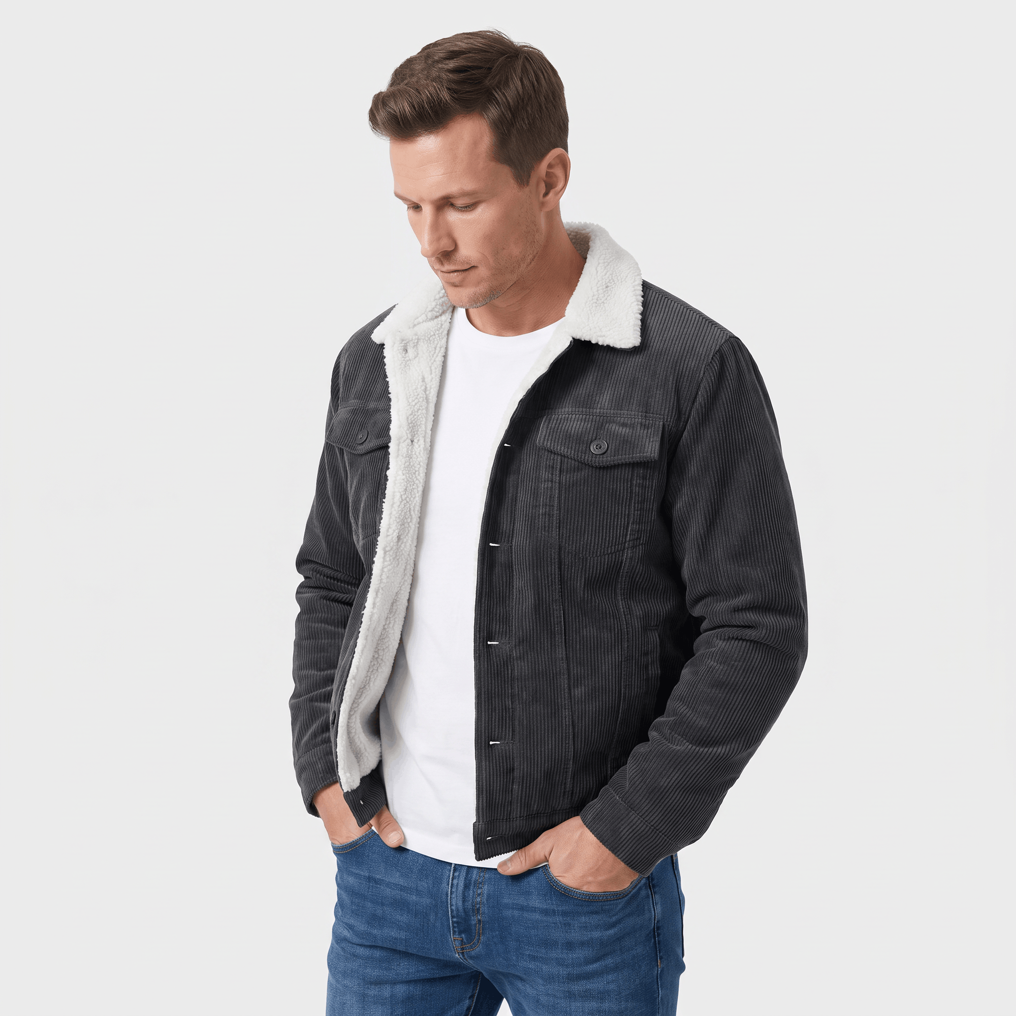 Charcoal corduroy jacket with a white sherpa lining, button-front closure, and chest pockets worn over a white t-shirt.