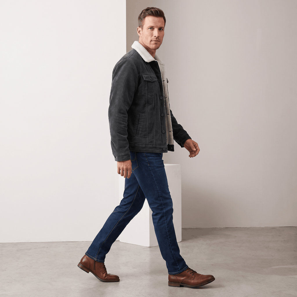 Charcoal corduroy jacket with white sherpa lining, button-front closure, and fold-up collar worn over blue denim jeans.