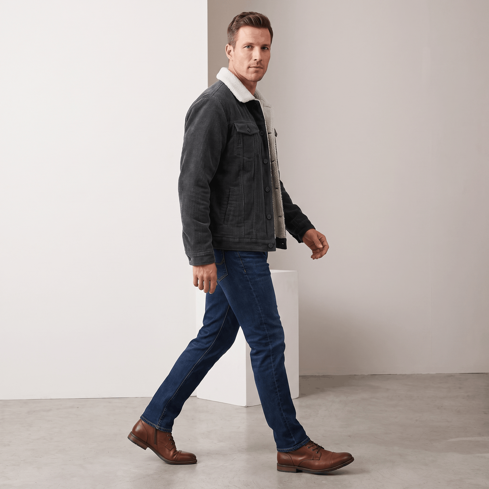 Charcoal corduroy jacket with white sherpa lining, button-front closure, and fold-up collar worn over blue denim jeans.