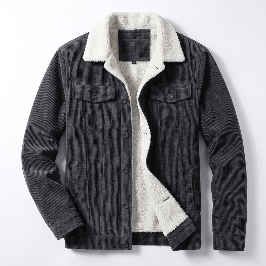 Charcoal grey corduroy jacket with a white sherpa-lined interior, button-front closure, and four functional pockets.