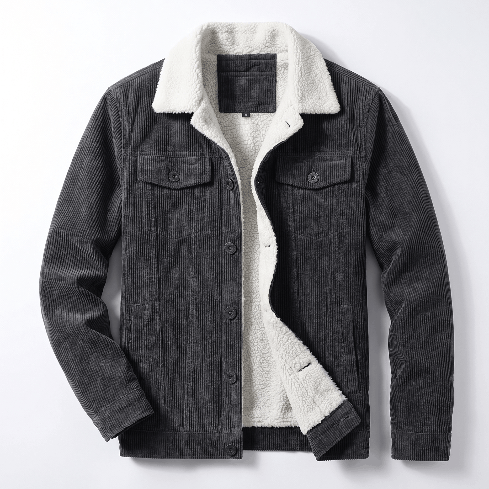 Charcoal grey corduroy jacket with a white sherpa-lined interior, button-front closure, and four functional pockets.