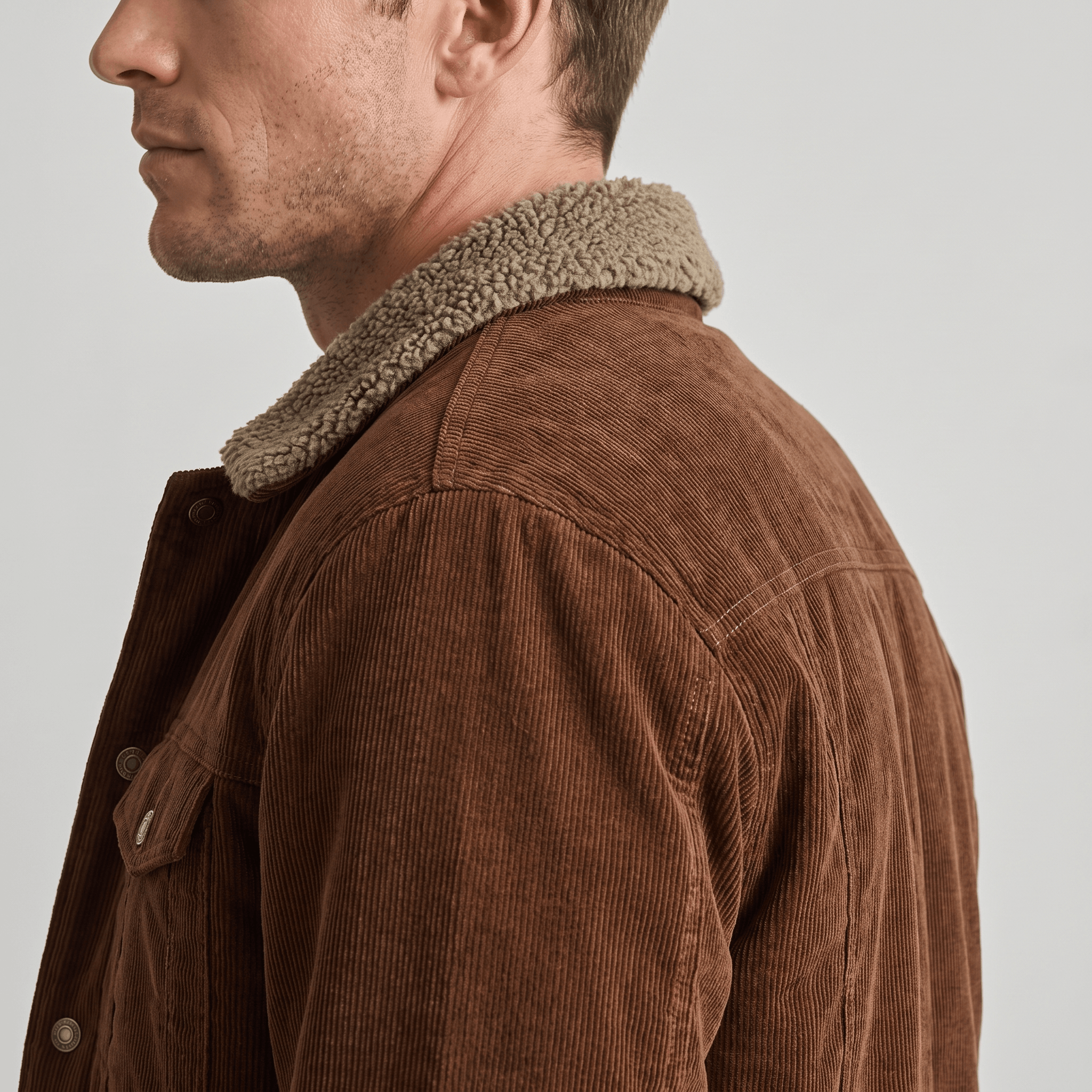Brown corduroy jacket featuring a textured sherpa-lined fold-up collar and button-front closure.