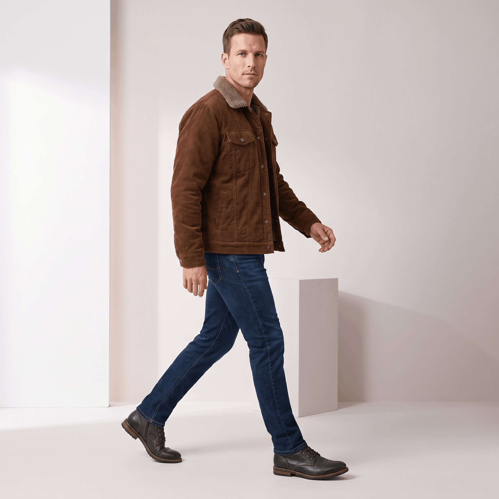 Brown corduroy jacket with a sherpa-lined collar, button-front closure, and four pockets worn with dark denim jeans.