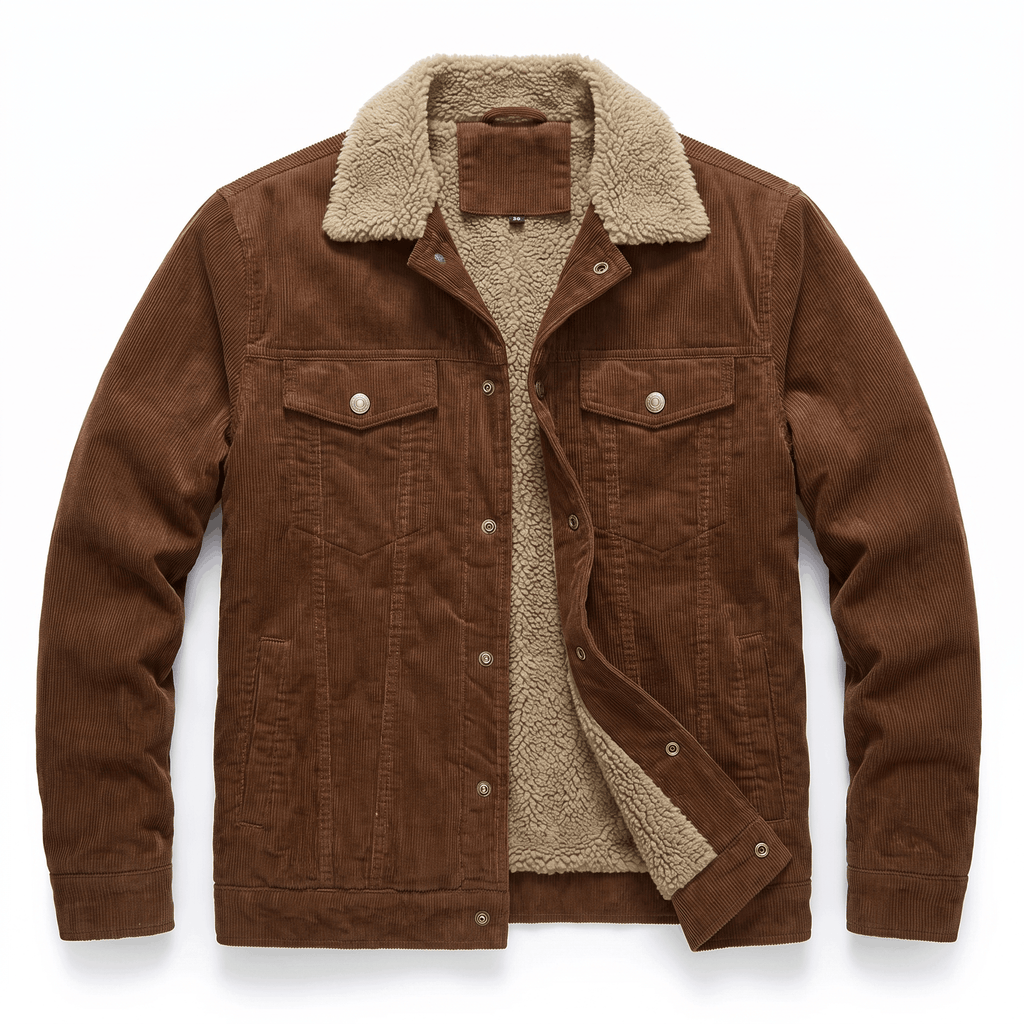 Brown corduroy jacket with a beige sherpa lining, button-front closure, and four functional pockets.