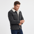 Charcoal grey corduroy jacket with a white sherpa-lined collar and interior, featuring buttoned chest pockets.